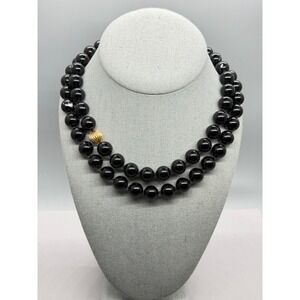 Black Glass Beaded And Knotted Necklace Ribbed Gold Tone Accent Bead 35"